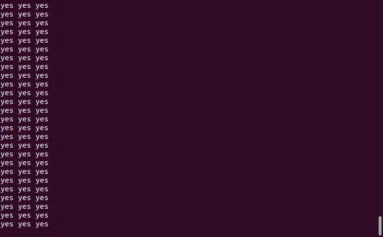 The Linux terminal generating an infinite amount of yes yes yes text