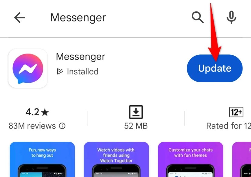 &lsquo;Update&rsquo; highlighted for Messenger in Google Play Store.
