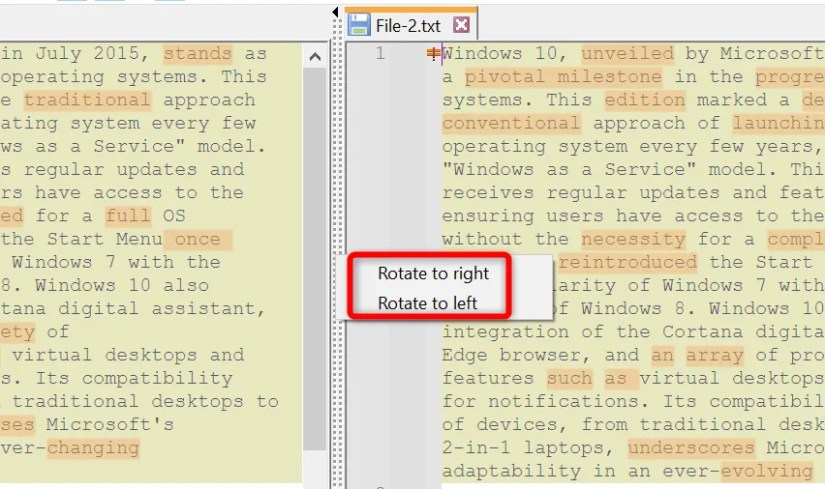 &lsquo;Rotate to Left&rsquo; and &lsquo;Rotate to Right&rsquo; options highlighted in Notepad++.