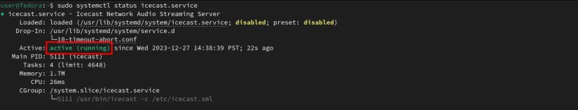 Terminal window using systemctl command to verify Icecast daemon is running