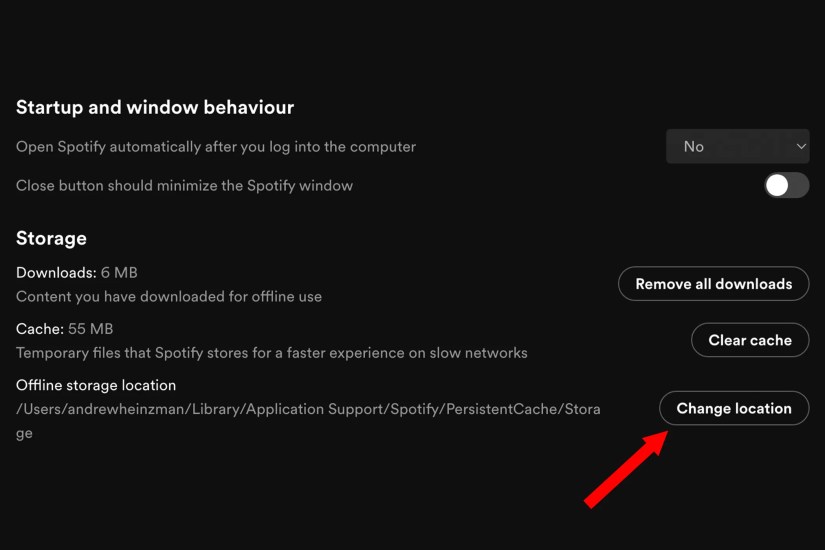 Changing Spotify&rsquo;s offline storage location in the desktop app.