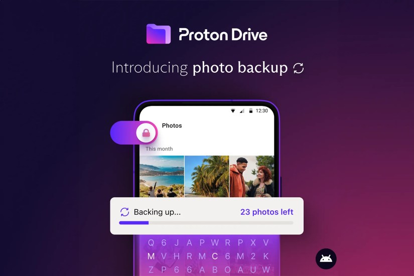 An illustration of Proton Drive&rsquo;s new photo backup feature on a smartphone.