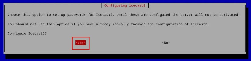 Terminal window asking if you would like to configure Icecast on Debian