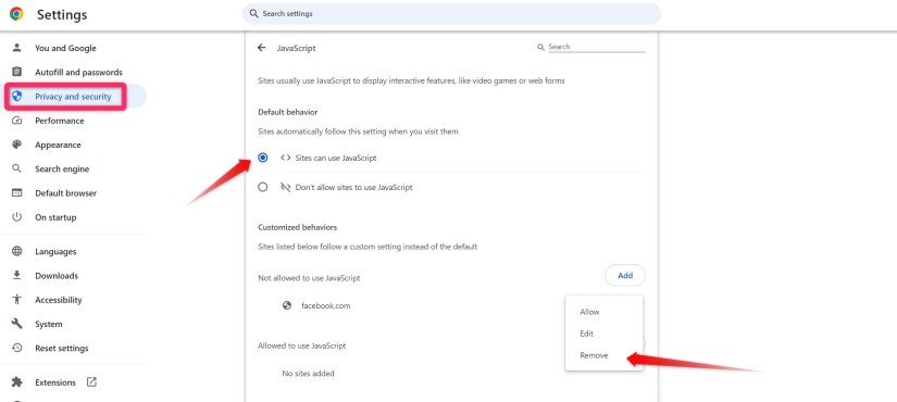 Changing the Javascript settings in Chrome