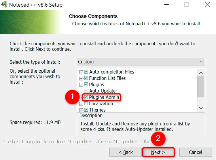 &lsquo;Plugins Admin&rsquo; and &lsquo;Next&rsquo; highlighted in the Notepad++ installation wizard.