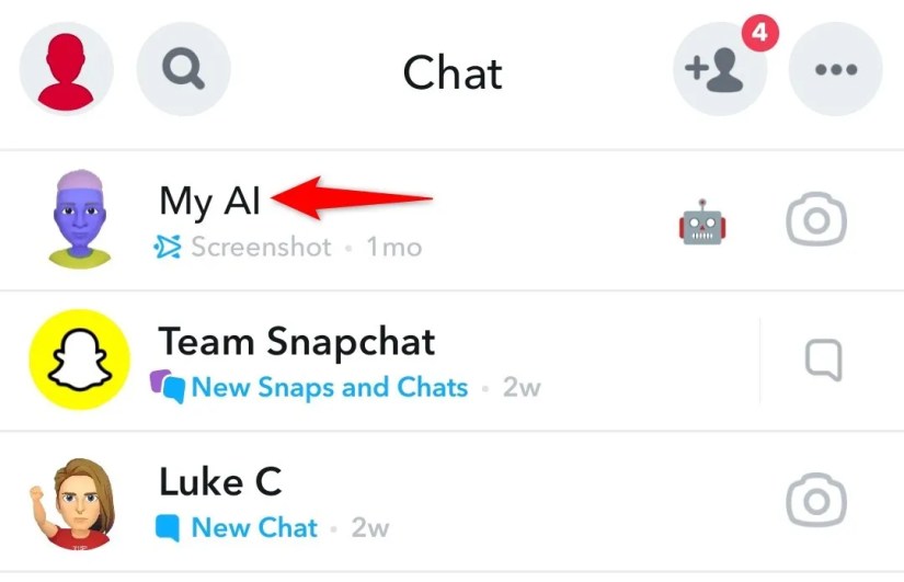 &lsquo;My AI&rsquo; highlighted on the &lsquo;Chat&rsquo; page in Snapchat.
