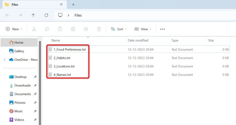 Files with an increasing number in File Explorer.