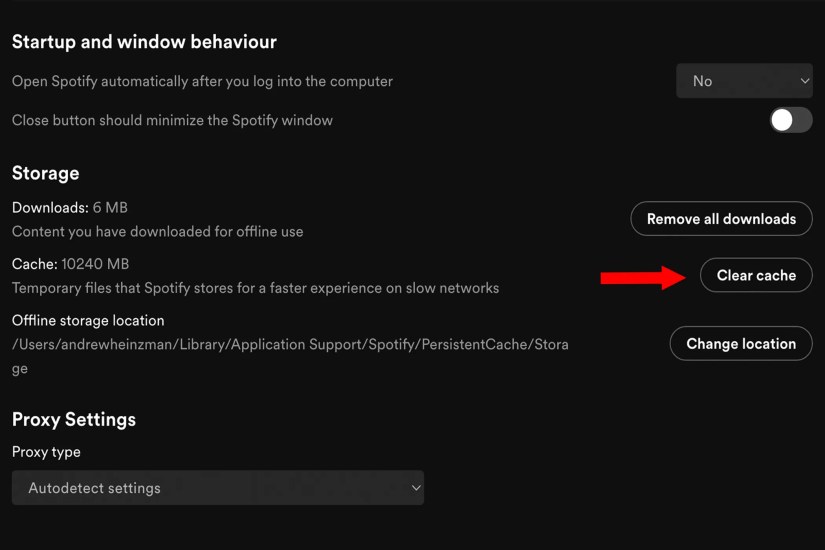 The &lsquo;Clear Cache&rsquo; button in Spotify desktop app settings.