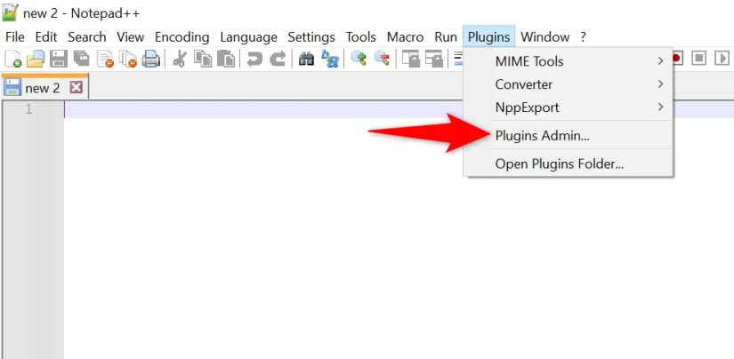&lsquo;Plugins Admin&rsquo; highlighted in Notepad++.