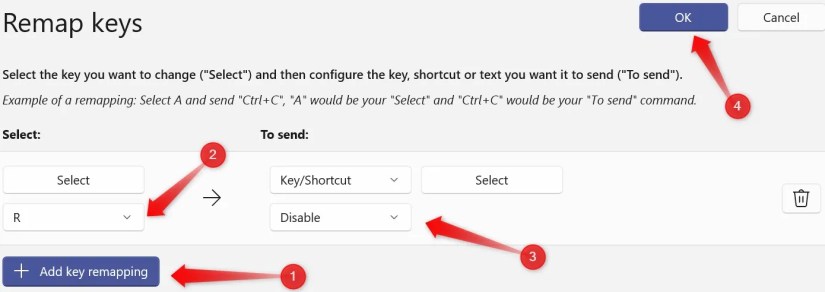 Disabling the &lsquo;R&rsquo; key in the Keyboard Manager in the Microsoft PowerToys app on Windows.