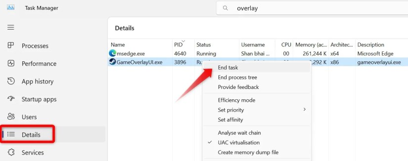 Ending the Steam Overlay process in Task Manager on Windows.