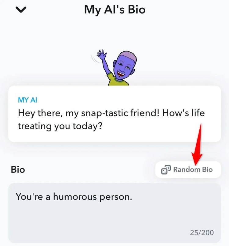 &lsquo;Random Bio&rsquo; highlighted on My AI&rsquo;s bio page in Snapchat.