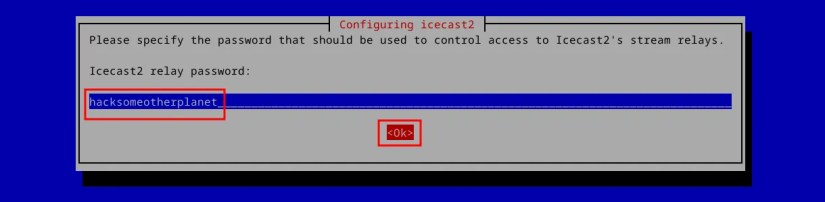 Terminal window asking for a relay password for Icecast on Debian