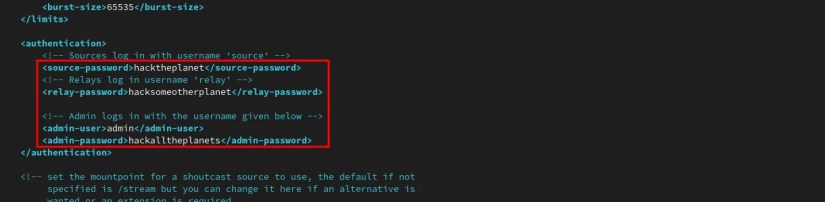 Editor with icecast icecast.xml open, showing passwords to edit