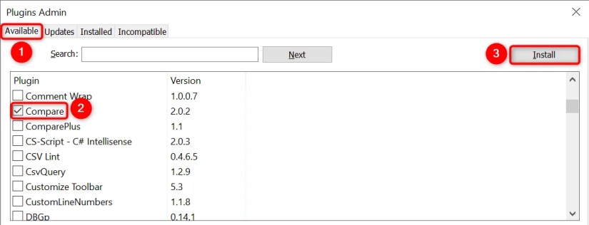&lsquo;Available,&rsquo; &lsquo;Compare,&rsquo; and &lsquo;Install&rsquo; highlighted on the &lsquo;Plugins Admin&rsquo; window.