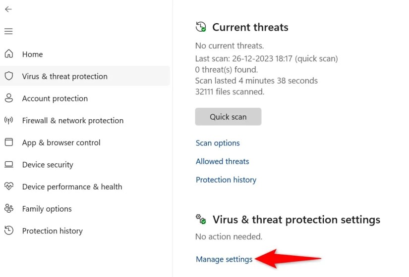 &lsquo;Manage Settings&rsquo; highlighted in Windows Security.