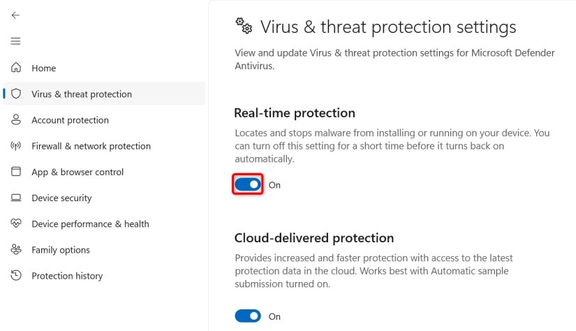 &lsquo;Real-Time Protection&rsquo; highlighted in Windows Security.