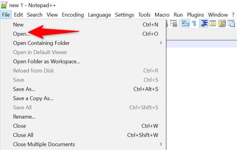&lsquo;Open&rsquo; highlighted in Notepad++.