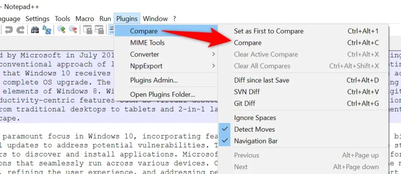 &lsquo;Compare&rsquo; highlighted in Notepad++.