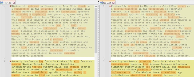 The file content differences highlighted in Notepad++.