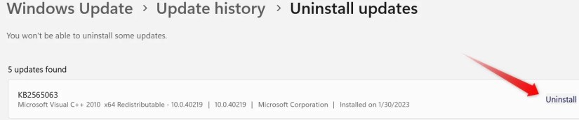 Uninstalling a recently installed update in the settings app on Windows.