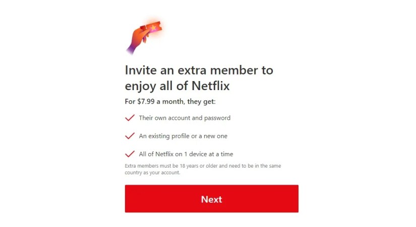 Netflix&rsquo;s extra member sign up page.