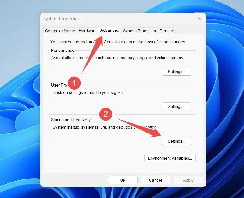 Selecting &lsquo;Settings&rsquo; in the Startup and Recovery section of the Advanced tab in System Properties