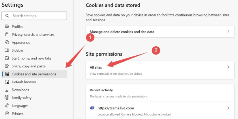 The &lsquo;All Sites&rsquo; option in the settings for Microsoft Edge on Windows 11