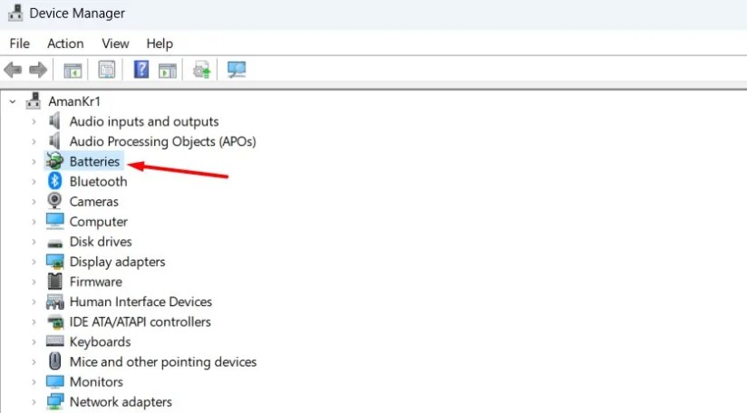 Batteries node in the Device Manager app on Windows.