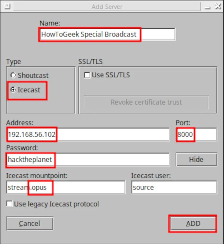 BUTT dialog window showing server settings