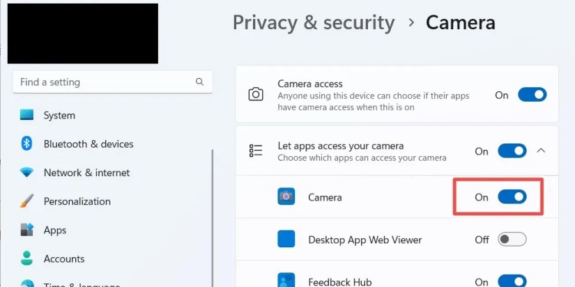 The toggle to allow apps to use the camera in Windows 11