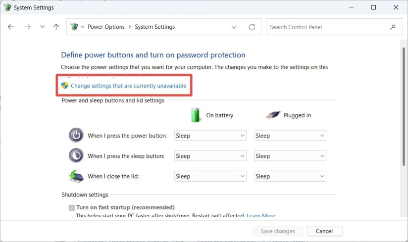 The &lsquo;Change Settings That Are Currently Unavaible&rsquo; link in Control Panel