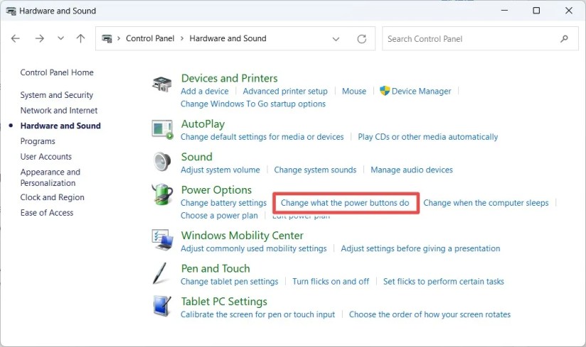 The &lsquo;Change What the Power Buttons Do&rsquo; link in Control Panel