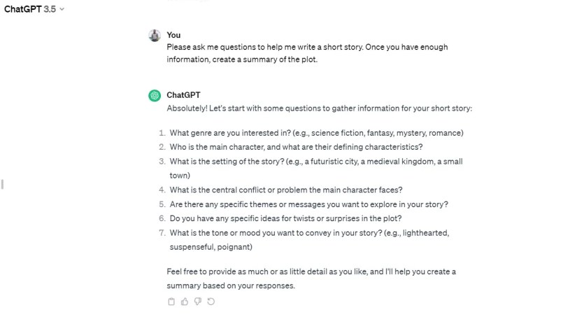 ChatGPT assisting in writing a story