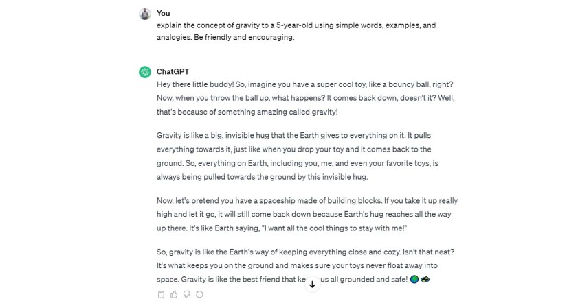 ChatGPT explaining the concept of gravity to a 5-year old
