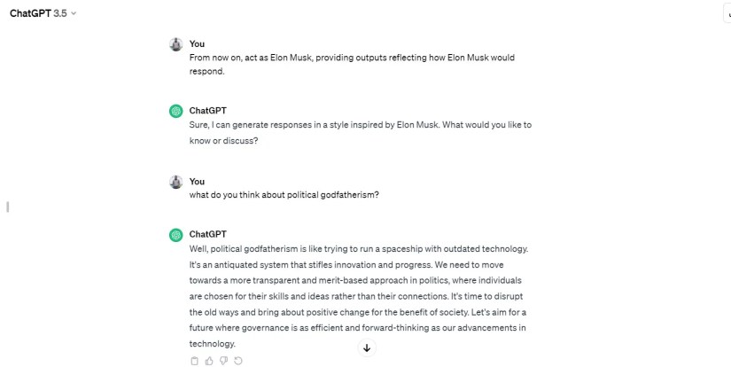 ChatGPT responding to a question in Elon Musk&rsquo;s point of view