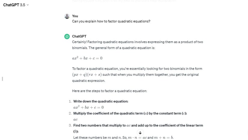 ChatGPT&rsquo;s explanation to a prompt on quadratic equations