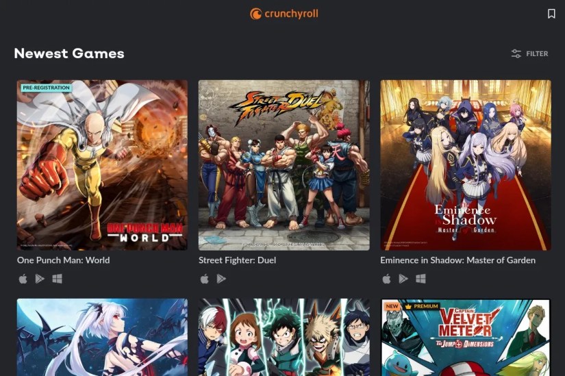 A view of games available with a Crunchyroll subscription.