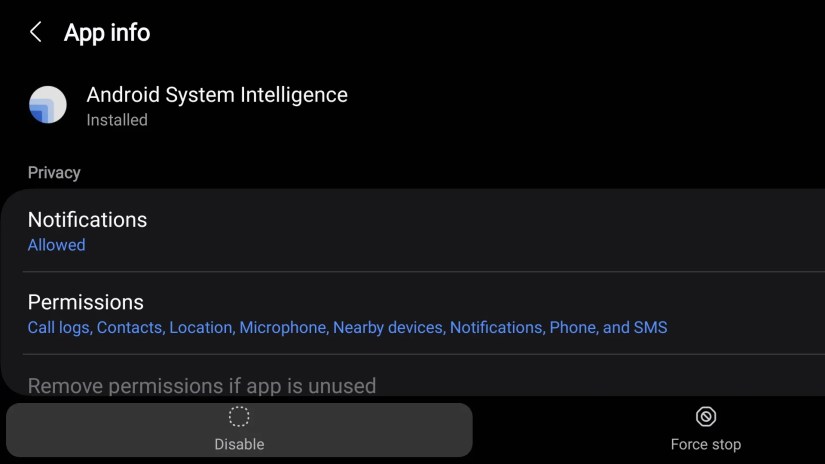 Android System Intelligence disable button in settings.