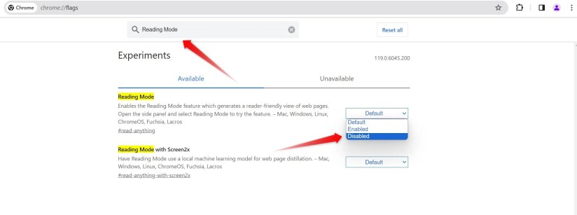 Disabling the Reading Mode flag in Chrome