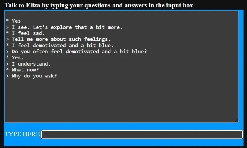 Screenshot of ELIZA simulated chatbot conversation on desktop.