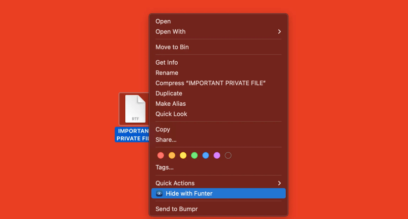 Selecting &lsquo;Hide with Funter&rsquo; on a macOS file