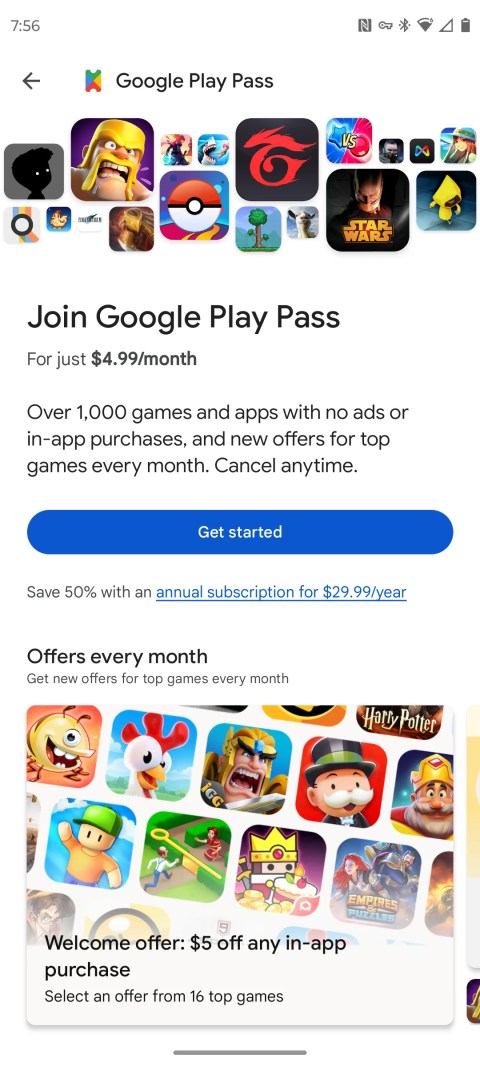 The page advertising Play Pass within the Google Play app.