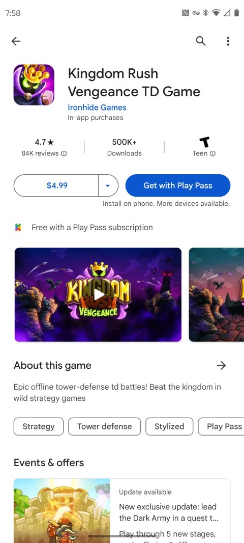 Kingdom Rush Vengence&rsquo;s Play Store page mentioning Play Pass availability.
