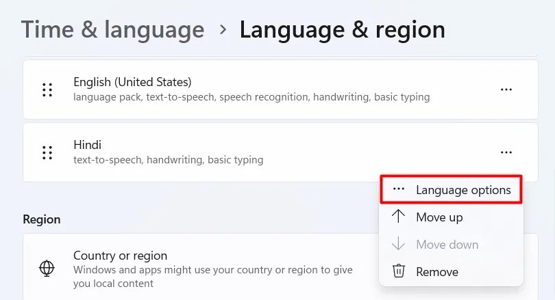 Language options in the Settings app