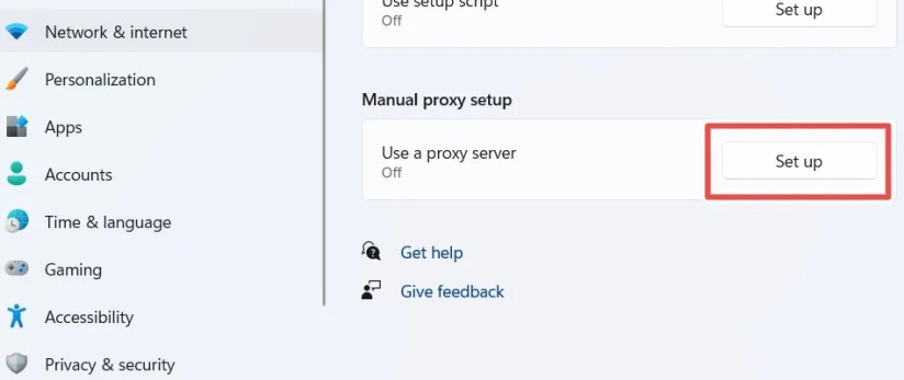 The button to set up a manual proxy on Windows 11.