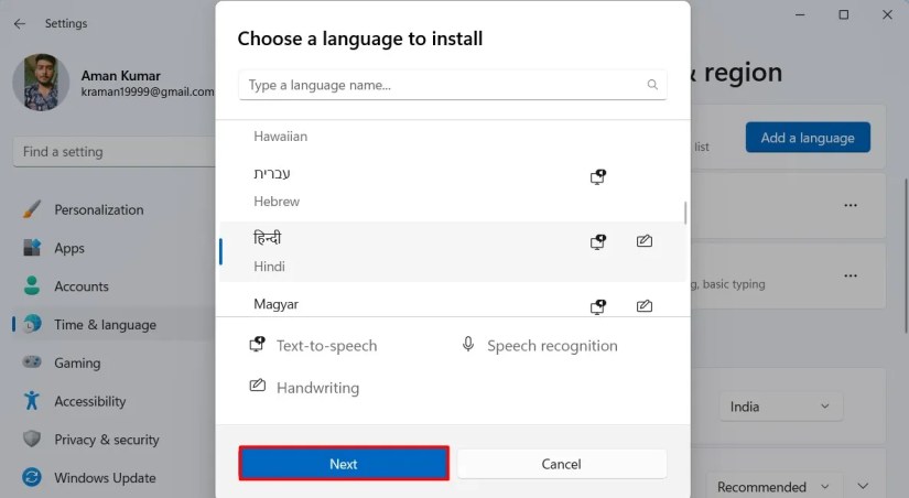 Next option in the Settings app