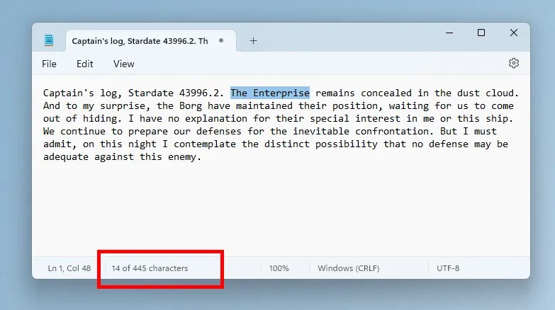 Character count in Notepad