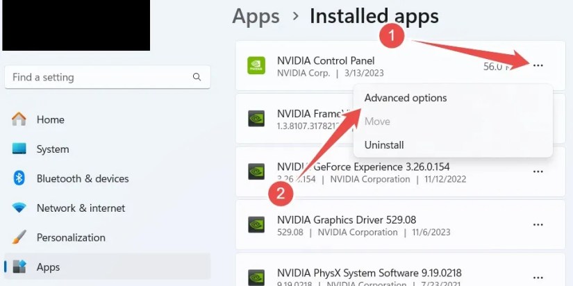 Clicking &lsquo;Advanced Options&rsquo; in the menu for NVIDIA Control Panel in the Installed Apps page in Settings
