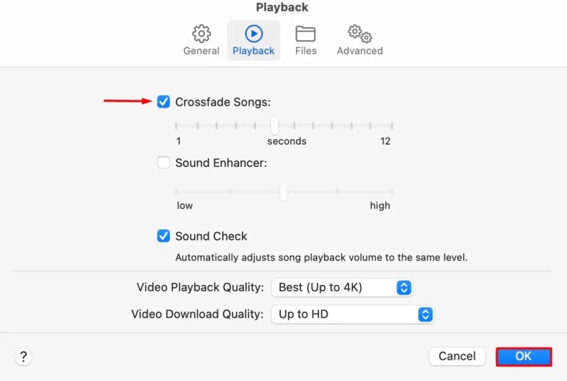 OK Button in Apple Music Mac.